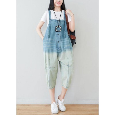Natural Blue Casual Pockets Button Gradient Color Fall Rompers Cotton