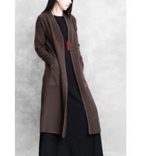 Elegant chocolate coat plus size long coat pockets