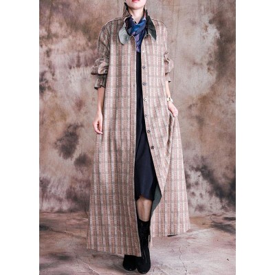 boutique plus size long coat fall woolen outwear khaki plaid Cinched wool coat for woman